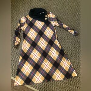 🟤NEW! Robert Louis Cowl Neck Plaid Ruched Long Sleeve Dress with Button Detail